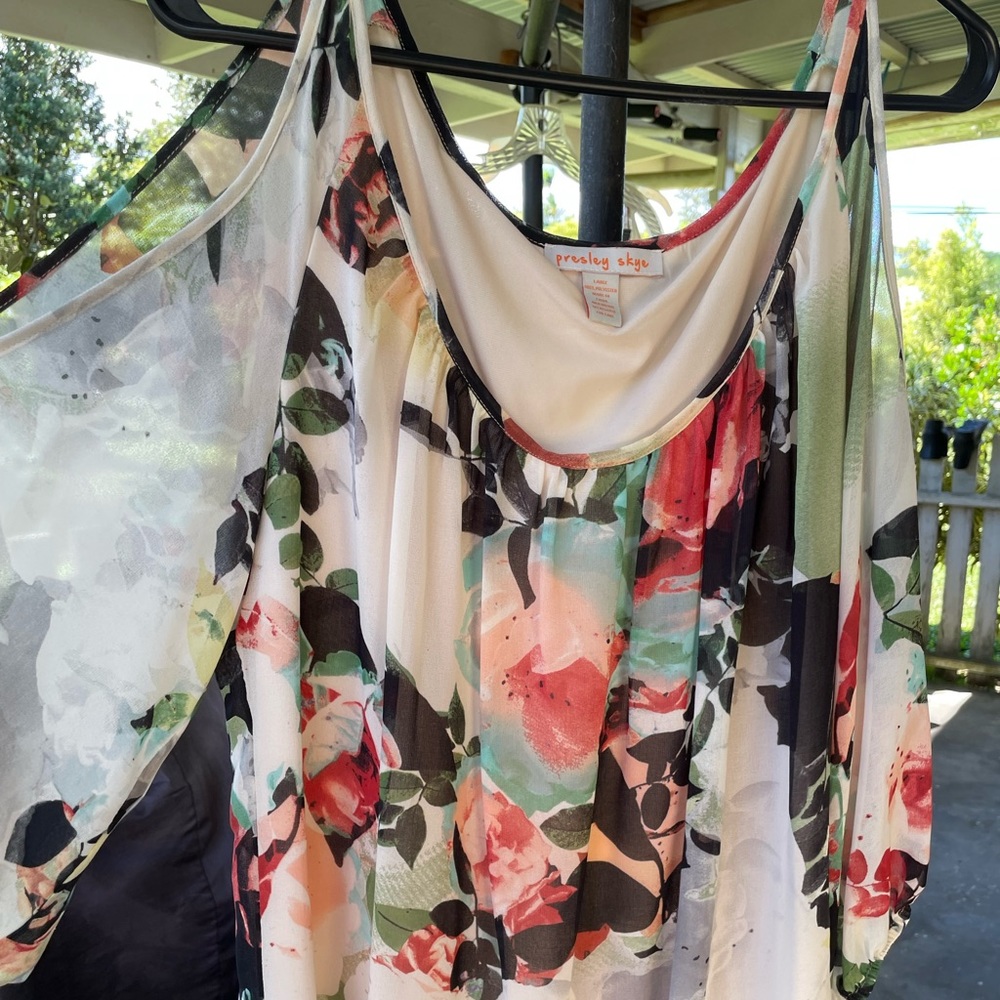 Floral Sheer blouse wear with jean or dress slacks, romantic floral brush print